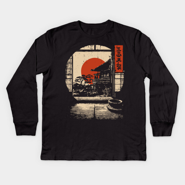 Japanese Tatami Room View - Serene Vintage Window Art Kids Long Sleeve T-Shirt by TuncGK