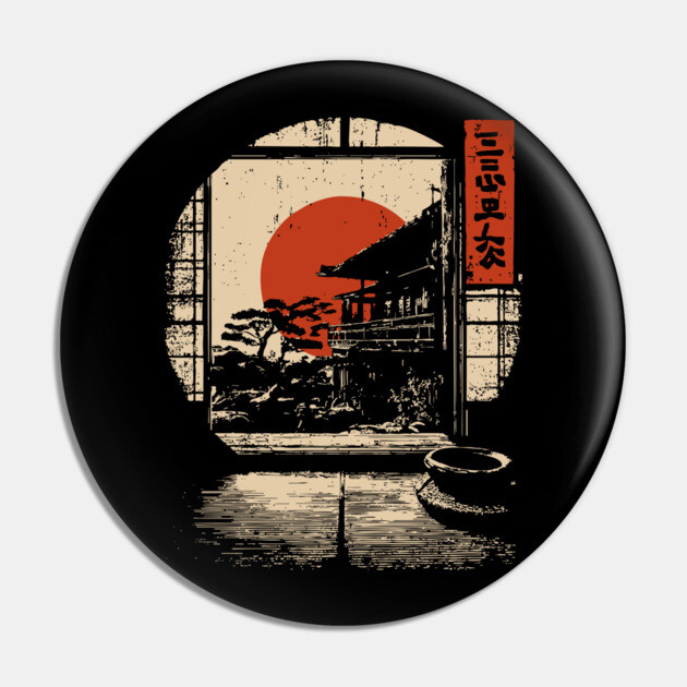 Japanese Tatami Room View - Serene Vintage Window Art Pin by TuncGK