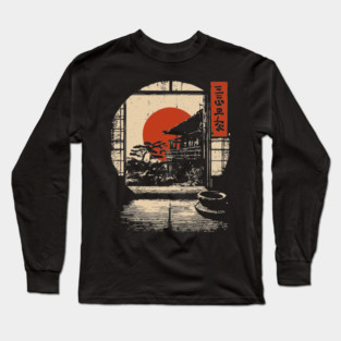 Japanese Tatami Room View - Serene Vintage Window Art Long Sleeve T-Shirt