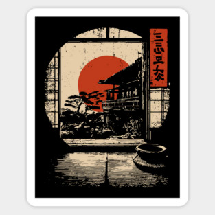 Japanese Tatami Room View - Serene Vintage Window Art Sticker