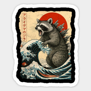 Funny Coonzilla Japanese Great Wave Raccoon Art Sticker