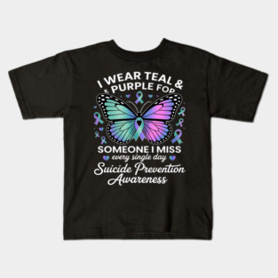 I Wear Teal & Purple Suicide Prevention Awareness Butterfly Kids T-Shirt
