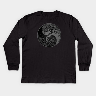 Gray and Black Tree of Life Yin Yang Kids Long Sleeve T-Shirt