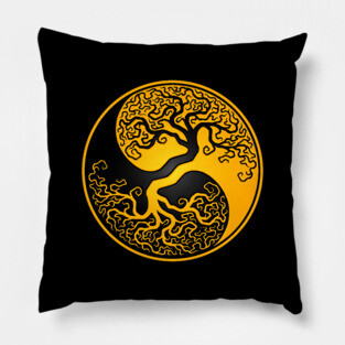 Yellow and Black Tree of Life Yin Yang Pillow