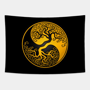 Yellow and Black Tree of Life Yin Yang Tapestry