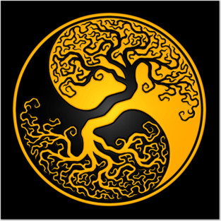 Yellow and Black Tree of Life Yin Yang Posters and Art