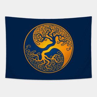 Yellow and Blue Tree of Life Yin Yang Tapestry