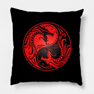 Red and Black Yin Yang Dragons Pillow