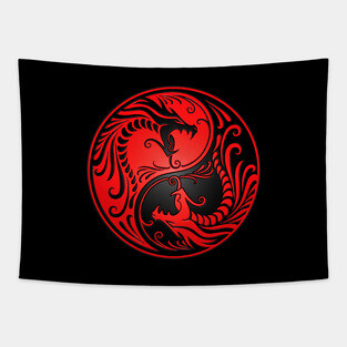 Red and Black Yin Yang Dragons Tapestry