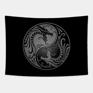 Gray and Black Yin Yang Dragons Tapestry