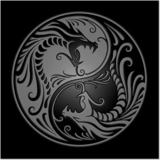 Gray and Black Yin Yang Dragons Posters and Art