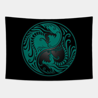 Teal Blue and Black Yin Yang Dragons Tapestry