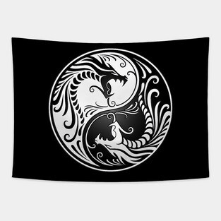 White and Black Yin Yang Dragons Tapestry