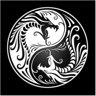 White and Black Yin Yang Dragons Posters and Art