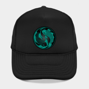 Teal Blue and Black Yin Yang Koi Fish Hat