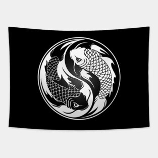 White and Black Yin Yang Koi Fish Tapestry