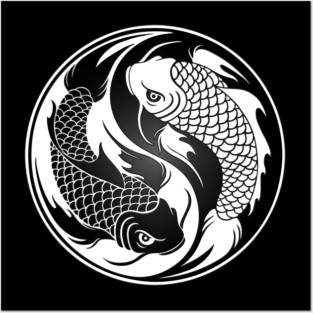White and Black Yin Yang Koi Fish Posters and Art