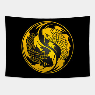 Yellow and Black Yin Yang Koi Fish Tapestry