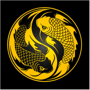Yellow and Black Yin Yang Koi Fish Posters and Art