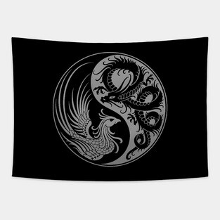 Gray and Black Dragon Phoenix Yin Yang Tapestry
