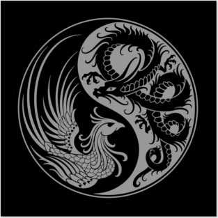 Gray and Black Dragon Phoenix Yin Yang Posters and Art