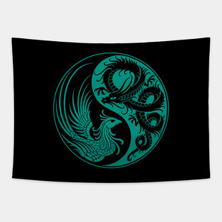 Teal Blue and Black Dragon Phoenix Yin Yang Tapestry