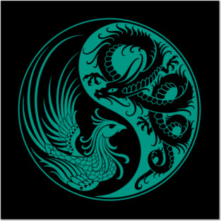 Teal Blue and Black Dragon Phoenix Yin Yang Posters and Art