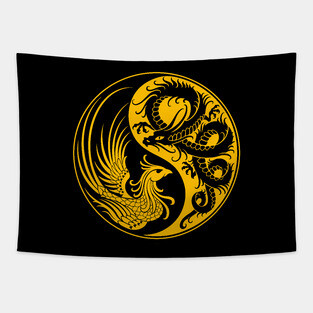 Yellow and Black Dragon Phoenix Yin Yang Tapestry