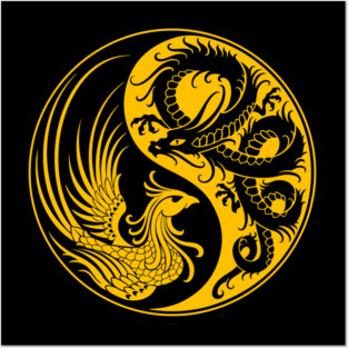 Yellow and Black Dragon Phoenix Yin Yang Posters and Art