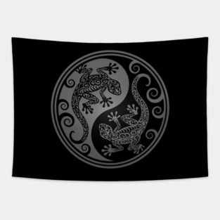 Gray and Black Yin Yang Geckos Tapestry