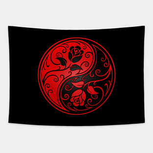 Red and Black Yin Yang Roses Tapestry