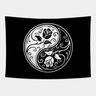 White and Black Yin Yang Roses Tapestry
