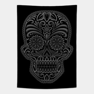 Intricate Gray and Black Sugar Skull Tapestry