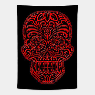 Intricate Red and Black Sugar Skull Tapestry