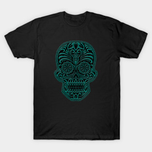 Intricate Teal Blue and Black Sugar Skull T-Shirt