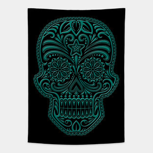 Intricate Teal Blue and Black Sugar Skull Tapestry