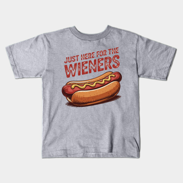 Just Here For The Wieners Funny 4th of July Hot Dog USA Kids T-Shirt by Creatifly Graphic Tees