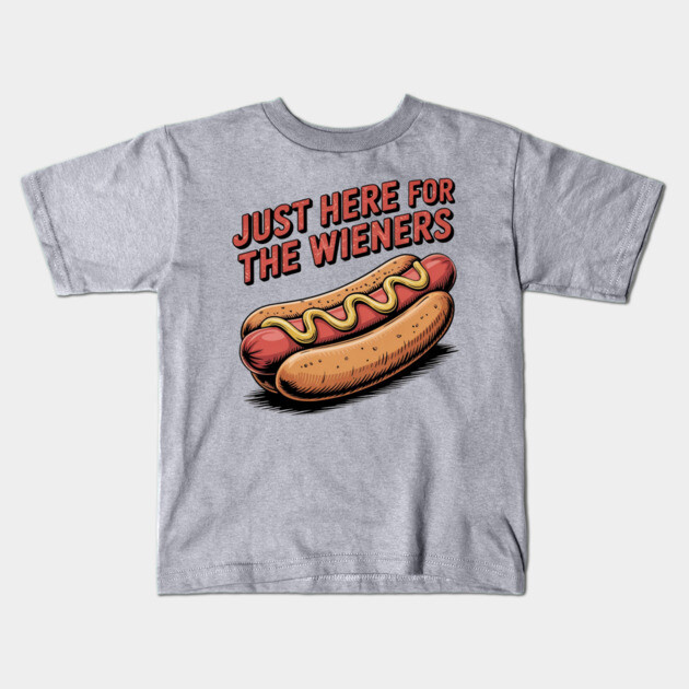 Just Here For The Wieners Funny 4th of July Hot Dog USA Kids T-Shirt by Creatifly Graphic Tees