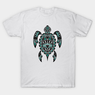 Teal Blue and Black Haida Spirit Sea Turtle T-Shirt