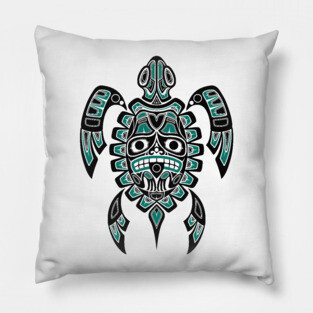 Teal Blue and Black Haida Spirit Sea Turtle Pillow