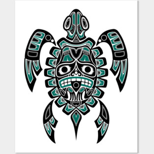 Teal Blue and Black Haida Spirit Sea Turtle Posters and Art