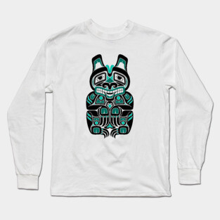Teal Blue and Black Haida Spirit Bear Long Sleeve T-Shirt