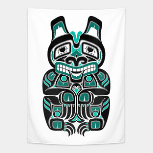 Teal Blue and Black Haida Spirit Bear Tapestry
