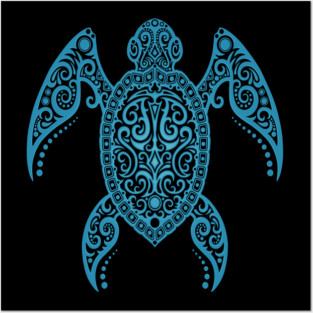 Intricate Blue Sea Turtle Posters and Art