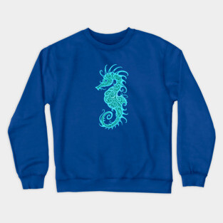 Intricate Teal Blue Tribal Seahorse Design Crewneck Sweatshirt