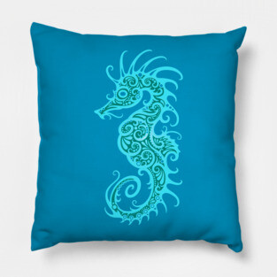 Intricate Teal Blue Tribal Seahorse Design Pillow