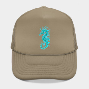 Intricate Teal Blue Tribal Seahorse Design Hat