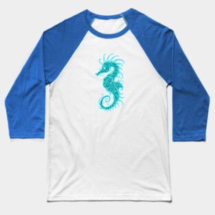 Intricate Teal Blue Tribal Seahorse Design Baseball T-Shirt
