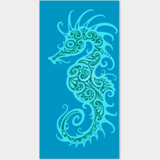 Intricate Teal Blue Tribal Seahorse Design Posters and Art
