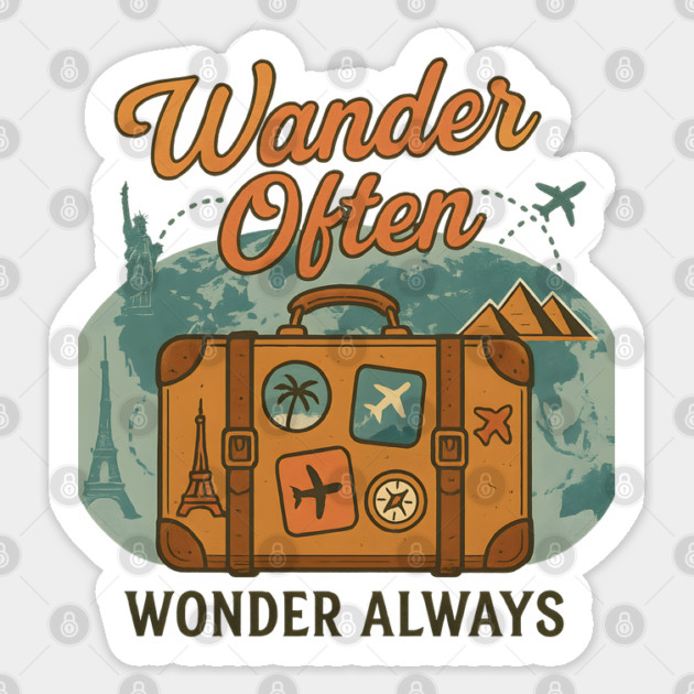 Wander Often Wonder Always Travel Quote - Adventure Suitcase World Design Sticker by WarFX Designs